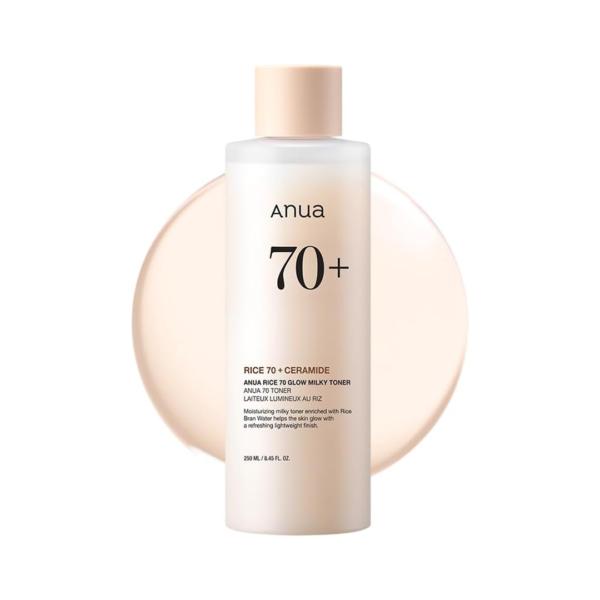 ANUA Rice 70 Glow Milky Toner, for Glass Skin, Rice Water, Niacinamide, Ceramides, Panthenol, Fragrance-Free, Non comedogenic, Fungal Acne Safe, Korean Skin Care, 250ml