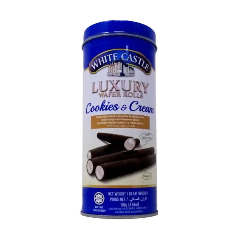 رول ویفر کوکی اند کریم وایت کاسل ۱۰۰ گرمی – White Castle Cookies & Cream Wafer Rolls 100g Tin