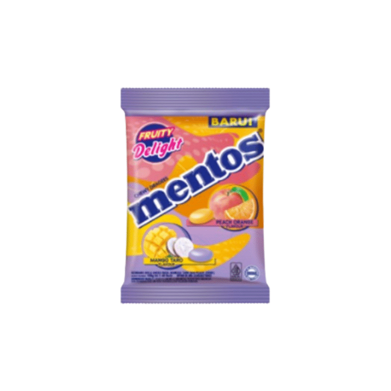آبنبات نرم میوه‌ای مینتوس با طعم هلو، پرتقال، انبه و تارو ۱۳۵ گرم | Mentos Fruity Delight Candy Peach Orange & Mango Taro Flavour, 135g